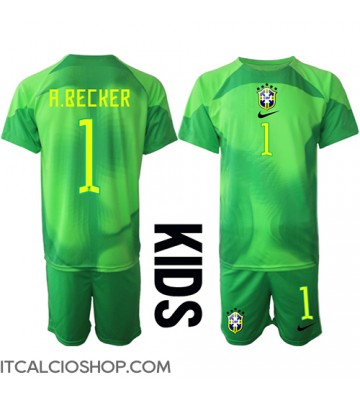 Brasile Alisson Becker #1 Portiere Seconda Maglia Bambino Mondiali 2022 Manica Corta (+ Pantaloni corti)